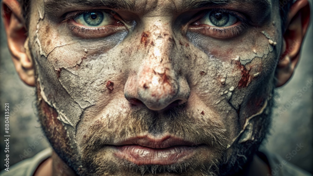 A close-up of a dirty, cracked, and worn-out facial icon with a mixture of dust, grime, and smudges on its surface. A close-up of a dirty, cracked, and worn-out facial icon with a mixture of dust, grime, and smudges on its surface.