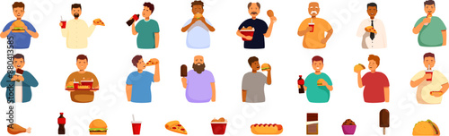 Fat man eating fast food icons set. Large set of overweight men enjoying eating fast food, snacks and drinking sugary drinks