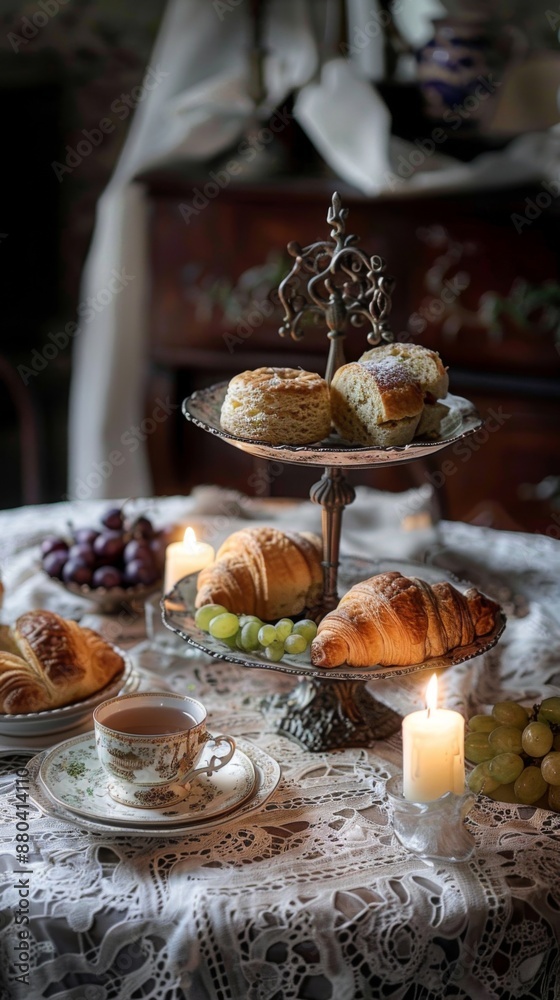 On a wooden table covered with woven lace there is a candle, aromatic coffee and a shelf with croissants, the best breakfast On a wooden table covered with woven lace there is a candle, aromatic coffee and a shelf with croissants, the best breakfast