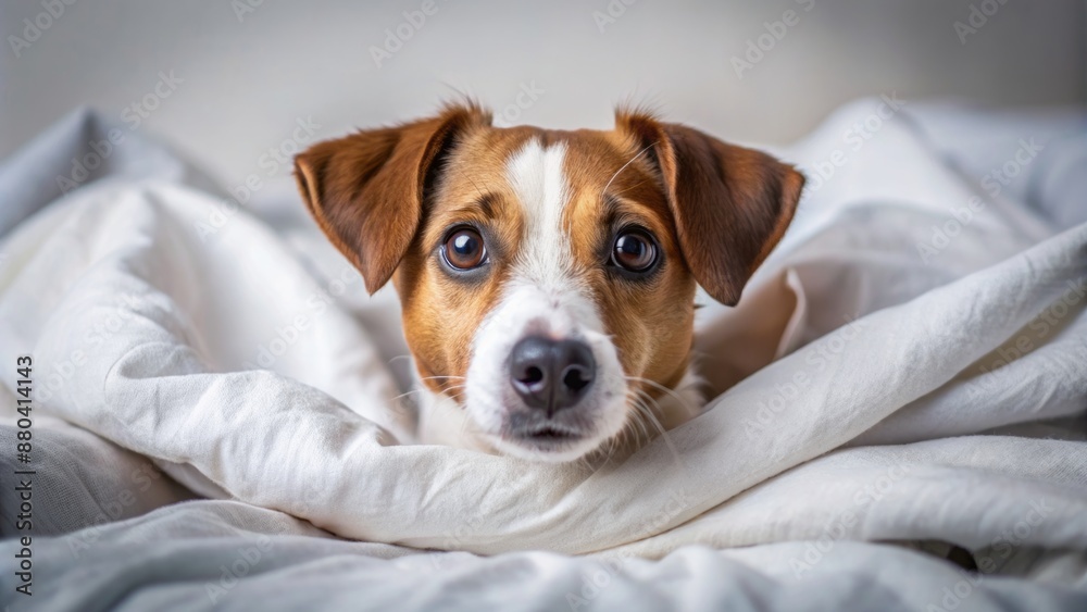 Adorable jack russell terrier peeking out from under soft blankets on a pristine white bed with a curious expression. Adorable jack russell terrier peeking out from under soft blankets on a pristine white bed with a curious expression.