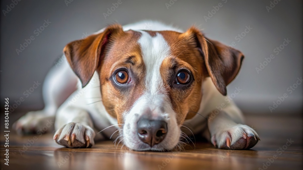 Adorable sorrowful Jack Russell Terrier lies helplessly on the floor with pitiful sad eyes and a limp helpless expression. Adorable sorrowful Jack Russell Terrier lies helplessly on the floor with pitiful sad eyes and a limp helpless expression.