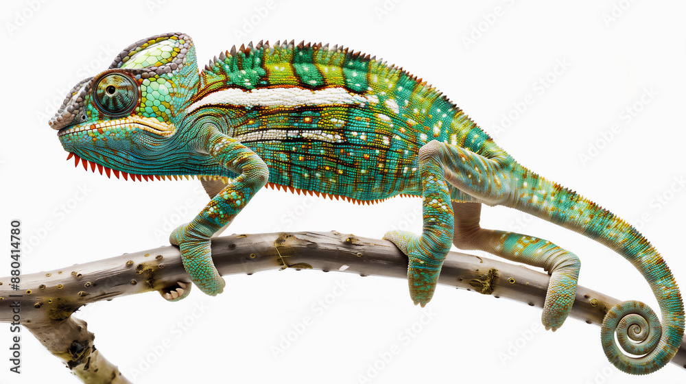 Obraz premium 枝に掴まるカメレオン、サイドビュー。白い背景