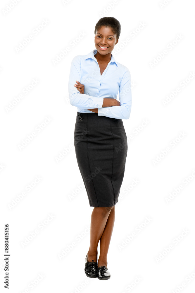 Business, black woman and happy with arms crossed or portrait for confidence in finance career. Banking consultant, professional person and ready for welcome, about us and studio on white background Business, black woman and happy with arms crossed or portrait for confidence in finance career. Banking consultant, professional person and ready for welcome, about us and studio on white background