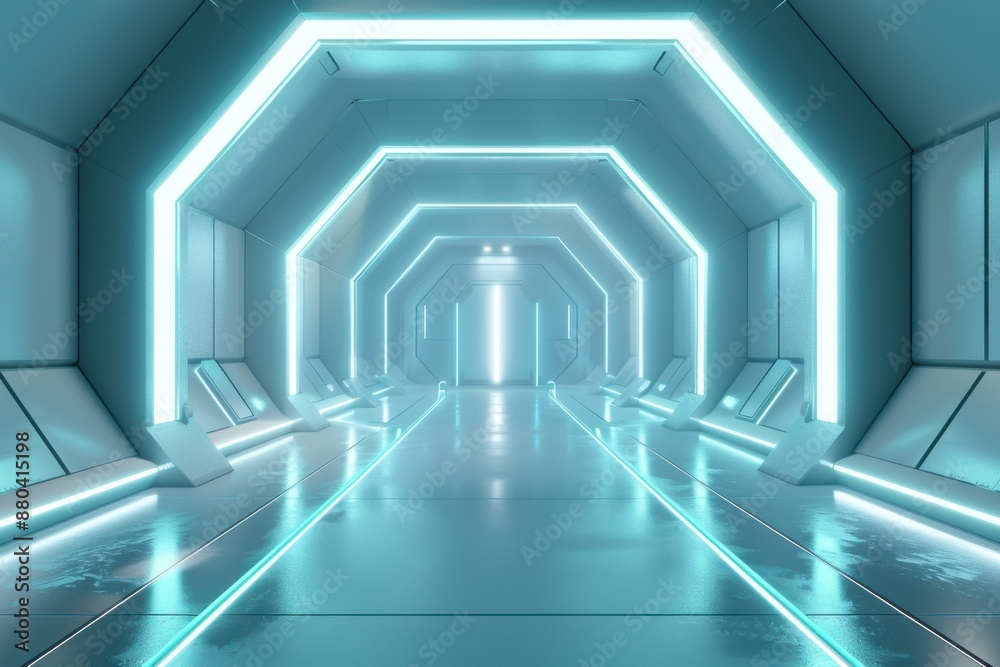 Futuristic metallic hallway with glowing neon lights, leading to a bright door. Concept of science fiction, technology, space travel, and the future. Futuristic metallic hallway with glowing neon lights, leading to a bright door. Concept of science fiction, technology, space travel, and the future.