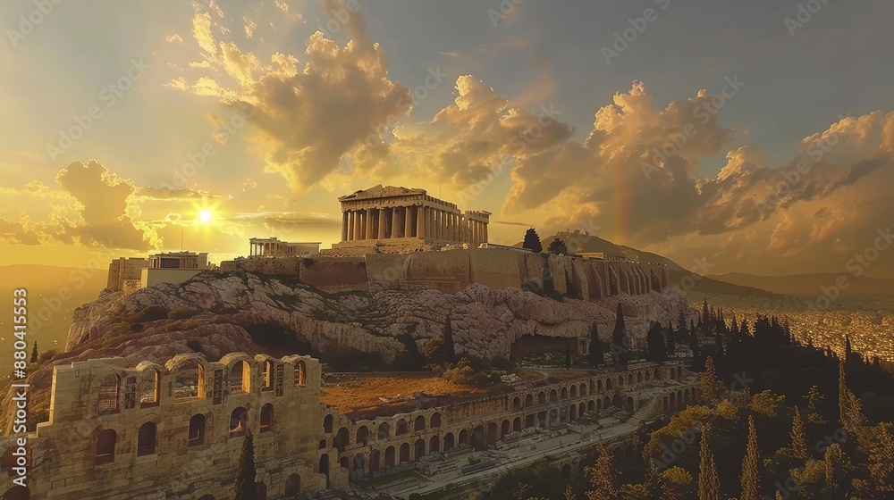 Fototapeta premium Iconic Athenian Acropolis at sunset, featuring the majestic Parthenon atop its hill.