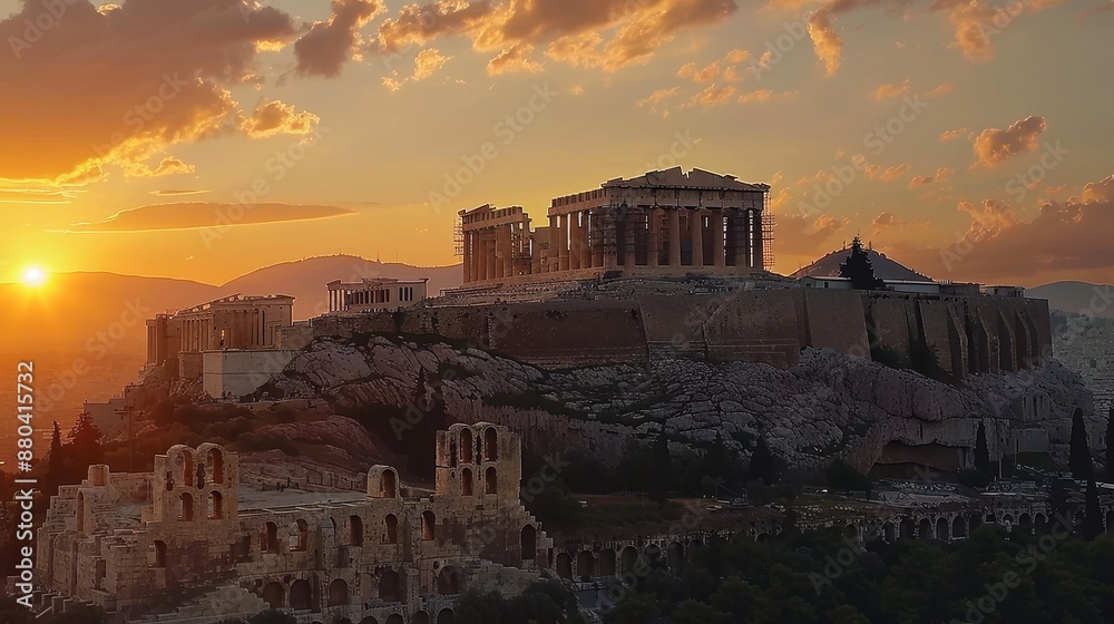 Fototapeta premium Iconic Athenian Acropolis at sunset, featuring the majestic Parthenon atop its hill.