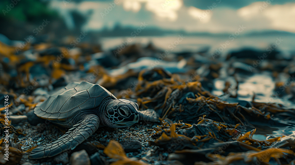 little turtle crawling on the beach made of garbage, environmental problems of our earth little turtle crawling on the beach made of garbage, environmental problems of our earth