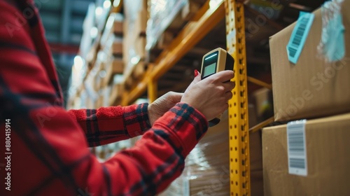 Closeup of man working in factory warehouse scanning labels on the boxes with barcode scanner photo