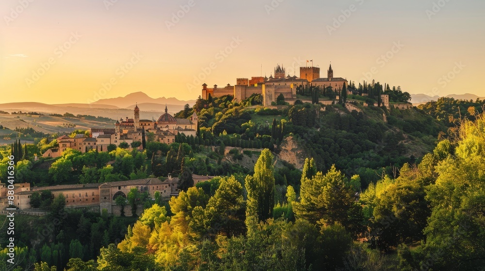 Panoramic view of the historic Alcázar of Segovia, a Spanish castle perched atop a hill amidst verdant greenery, as the sun casts a golden glow against a clear evening sky.