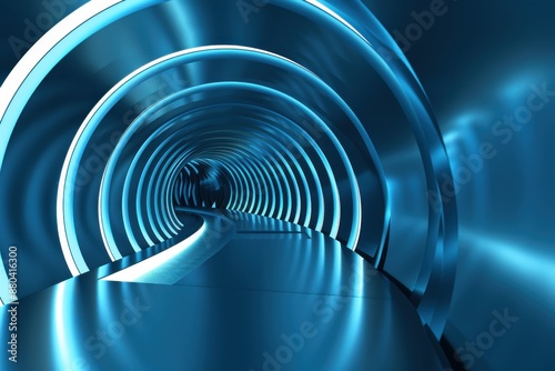 Fototapeta Naklejka Na Ścianę i Meble -  Futuristic blue tunnel with glowing neon lights. a 3D render ideal for technology, speed, or science fiction concepts