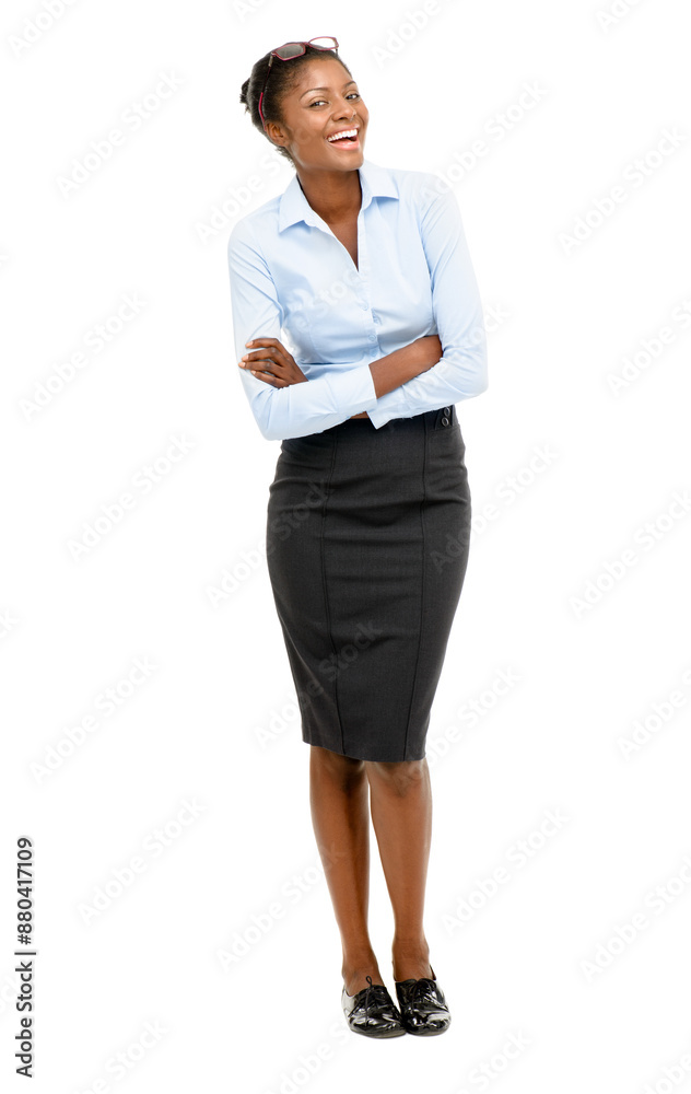 Business, black woman and happy with arms crossed in portrait for confidence in finance career. Banking consultant, professional person and ready for welcome, about us or studio on white background Business, black woman and happy with arms crossed in portrait for confidence in finance career. Banking consultant, professional person and ready for welcome, about us or studio on white background