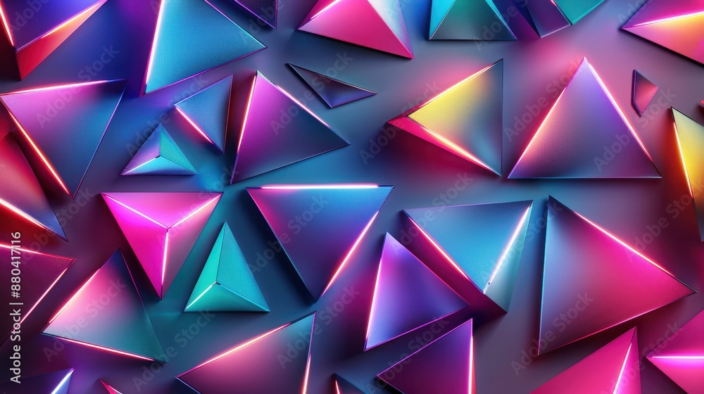 Colorful neon-lit geometric pyramids on vibrant background Colorful neon-lit geometric pyramids on vibrant background