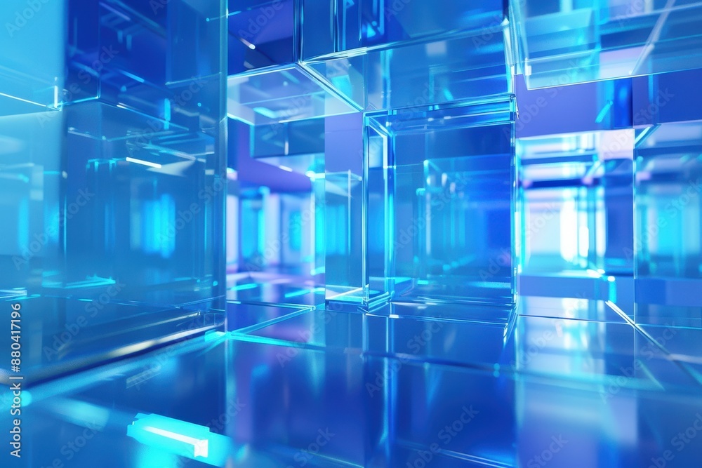 Abstract futuristic background of glowing blue glass cubes, creating a sense of depth, technology, and innovation