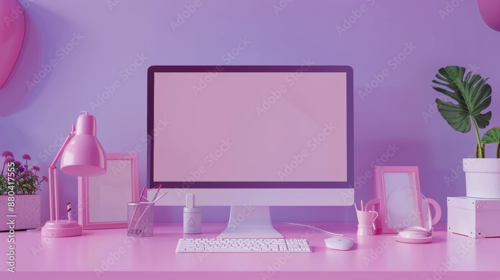 Social media creative concept. Blank computer screen mockup on a purple background. 3D design with blank monitor. Internet social networking for sending messages.