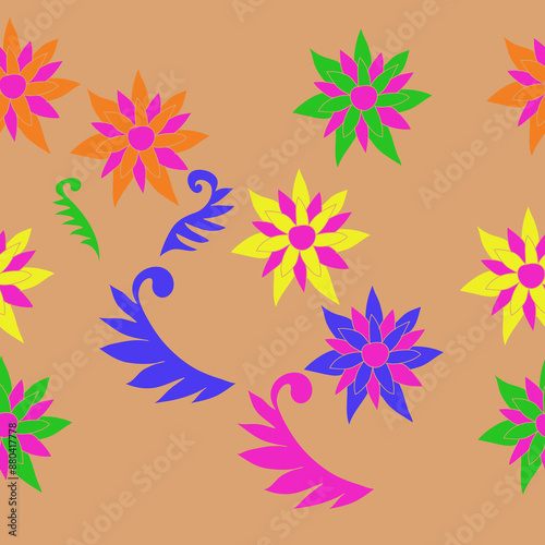Horizontal decorative  colored leaves, flower . Hand drawn.