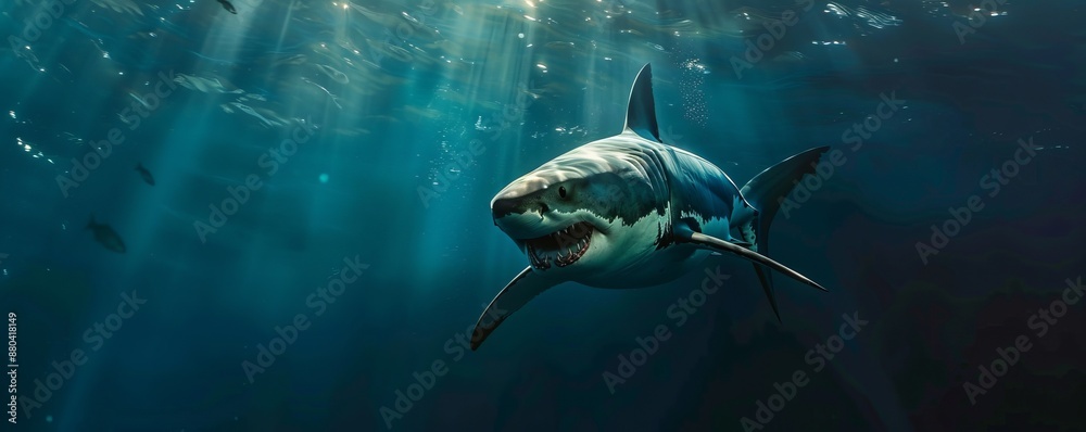 Naklejka premium Majestic great white shark patrolling the depths, 4K hyperrealistic photo