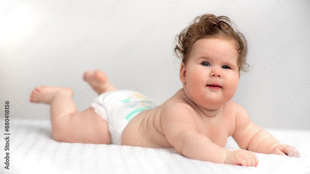 Cute little child in diaper lying in bed laughing and smiling to camera, baby care and hygiene Cute little child in diaper lying in bed laughing and smiling to camera, baby care and hygiene
