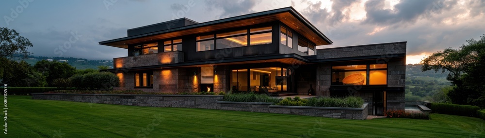 Modern Luxury House with Large Windows and Scenic Landscape at Sunset Modern Luxury House with Large Windows and Scenic Landscape at Sunset