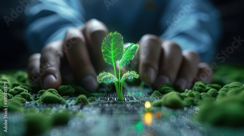 Hands Nurturing a Green Plant Growing on a Circuit Board, Symbolizing Technology and Sustainability