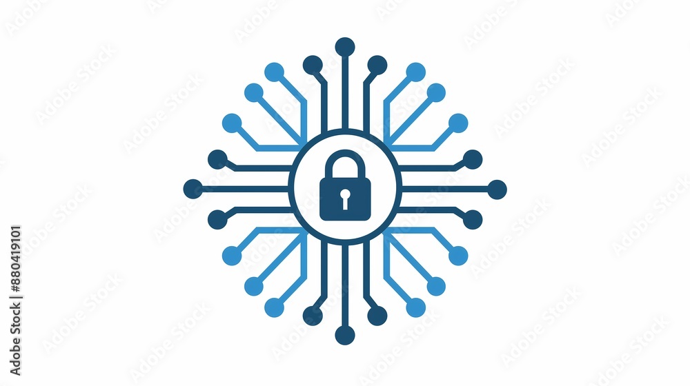 A logo featuring an abstract circuit pattern with the silhouette of a lock in its center, digital security and data protection on a white background. Intricate network, tech-inspired theme A logo featuring an abstract circuit pattern with the silhouette of a lock in its center, digital security and data protection on a white background. Intricate network, tech-inspired theme