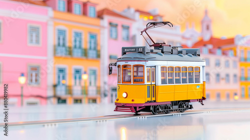 Colorful Vintage Tram in Vibrant European City. Scenic Cityscape with Heritage Transportation
