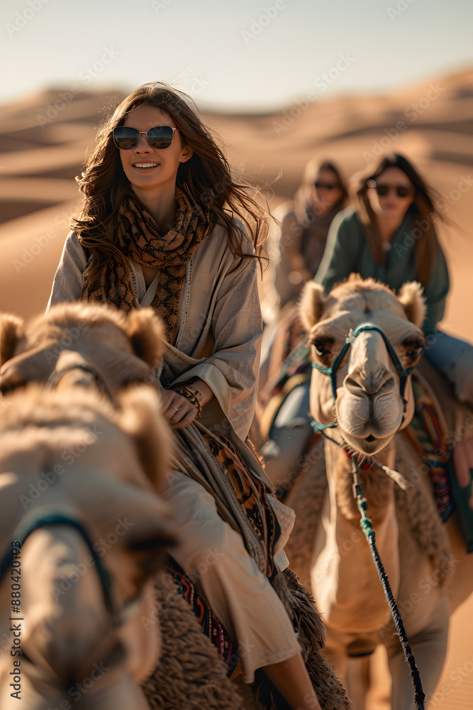 Female tourists riding camel in the desert Female tourists riding camel in the desert