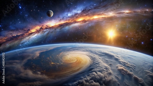 Majestic curved Earth horizon meets blackness of space amidst swirling clouds of gas and dust in distant galaxy background.