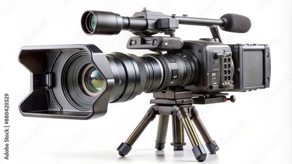 High-quality, sleek, black, Professional-looking digital video camera with multiple lenses, mounted on a tripod, standing alone on a white background. High-quality, sleek, black, Professional-looking digital video camera with multiple lenses, mounted on a tripod, standing alone on a white background.