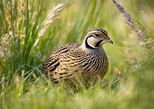 A quail living in free-range during summertime_ close-up photo of the bird in the grass.
