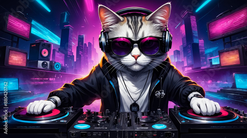 In a funky nightclub, a stylish cat DJ entertains, mixing vinyl records with groovy beats under colorful disco lights photo