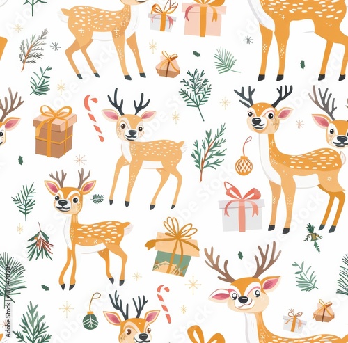 Adorable seamless pattern with cute reindeer, holiday gifts, and festive elements in a playful, hand-drawn style