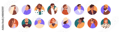 Round avatars of diverse people set. Different men and women heads in circle frame for user profile. Various stylish male and female portraits. Flat isolated vector illustrations on white background