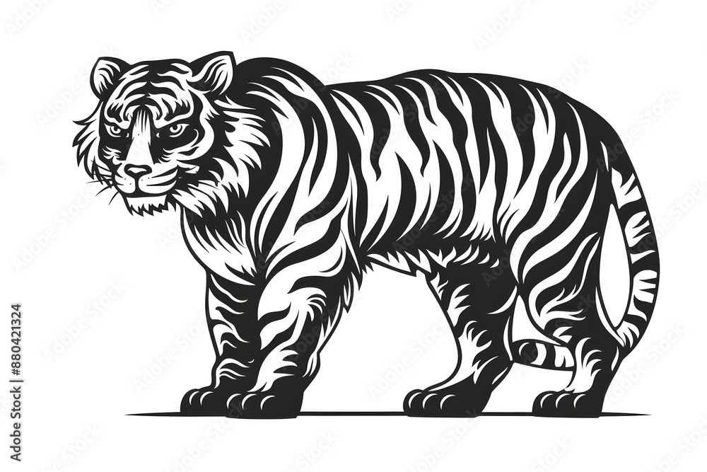 Fototapeta premium Hand drawn tiger silhouette in a minimal style. Black and white graphic illustration isolated on white background