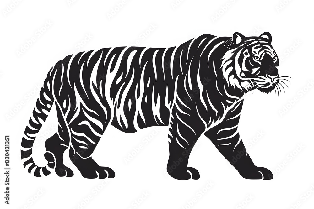 Fototapeta premium Hand drawn tiger silhouette in a minimal style. Black and white graphic illustration isolated on white background