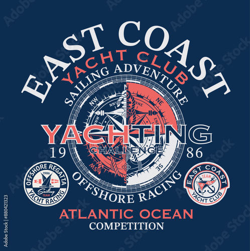 East coast yacht club sailing adventure vector print for kid boy man  shirt with applied embroidered patches