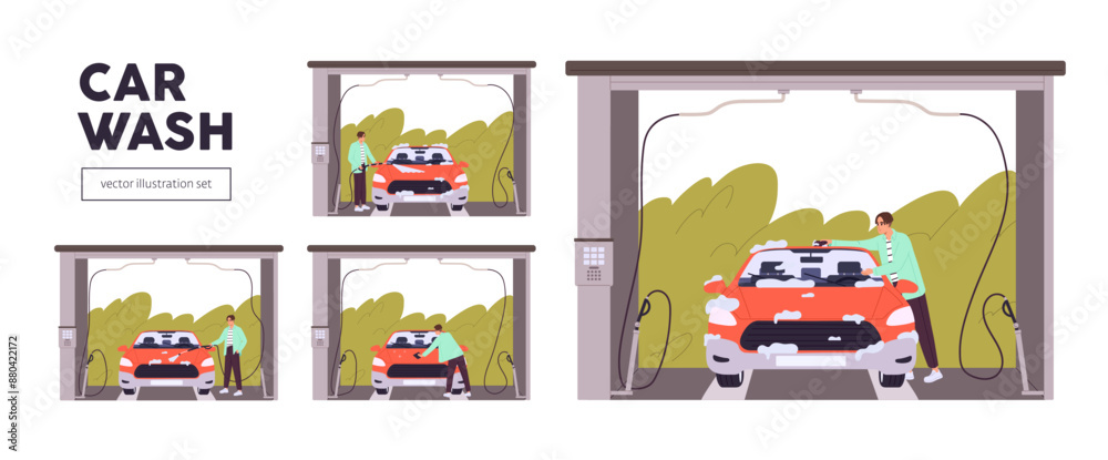 Self service carwash set. Man cleaning his auto at hand car wash. Person washes automobile at maintenance station with washer equipment. Flat isolated vector illustrations on white background Self service carwash set. Man cleaning his auto at hand car wash. Person washes automobile at maintenance station with washer equipment. Flat isolated vector illustrations on white background