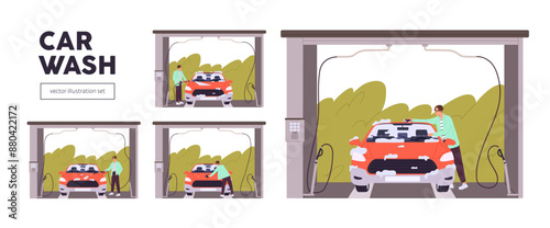 Self service carwash set. Man cleaning his auto at hand car wash. Person washes automobile at maintenance station with washer equipment. Flat isolated vector illustrations on white background