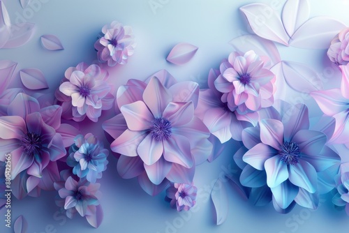 3D render of delicate paper flowers in pink and blue. Design for wedding invitations, birthday cards, and spring celebrations.