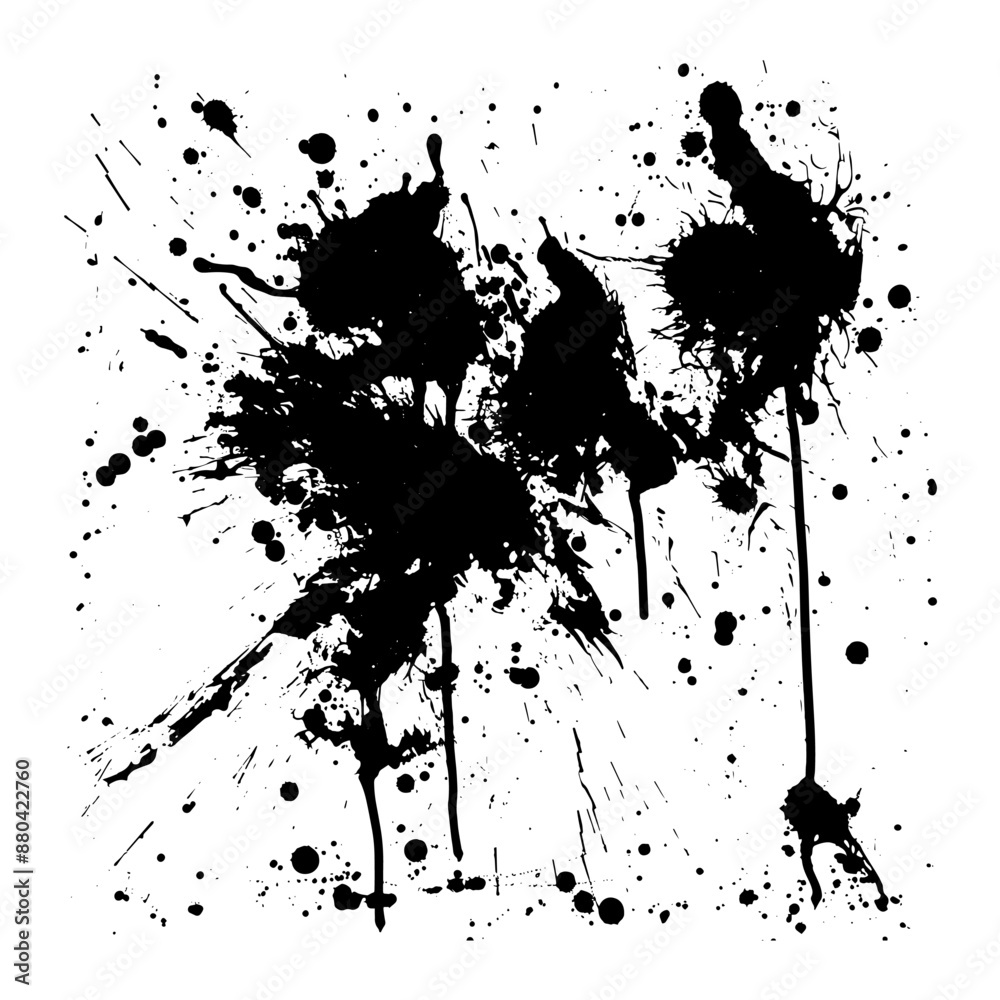 Fototapeta premium Black ink splatter pattern with dynamic drops and splashes on white background