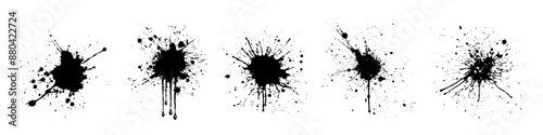 Black ink splatter set on white background, detailed grunge texture.