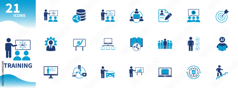 Obraz premium Training icon. Set of icons for training AI, artificial intelligence, education, teamwork, learning, technology