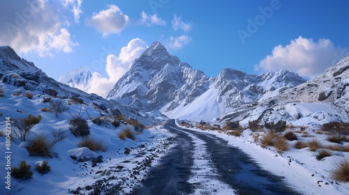 21. A scenic mountain pass with sharp curves and towering peaks covered in snow