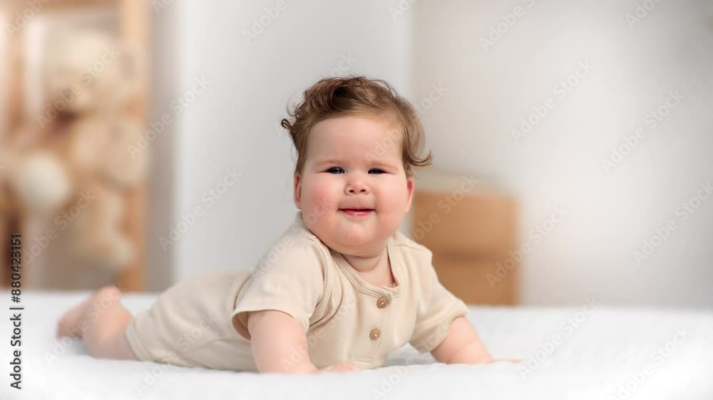 Portrait of cheerful infant girl lying in bed at home, healthy overweight child smiling to camera Portrait of cheerful infant girl lying in bed at home, healthy overweight child smiling to camera