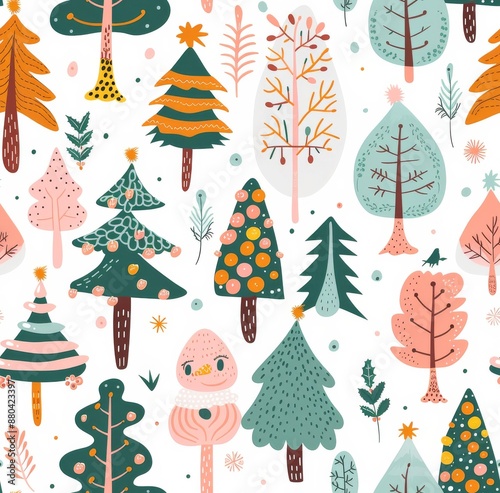 Colorful seamless pattern featuring playful forest trees and nature elements in a whimsical, hand-drawn style