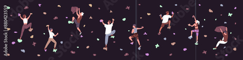 Indoor mountaineering, alpinism. Climbers bouldering, climbing up with equipment, belaying. People training, hanging on artificial rock wall, grap on stones on mountain. Flat vector illustration