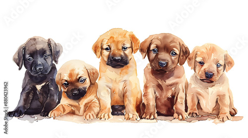 Group of cute puppies dogs sitting in a row watercolor illustration isolated on a white background  © Oksana
