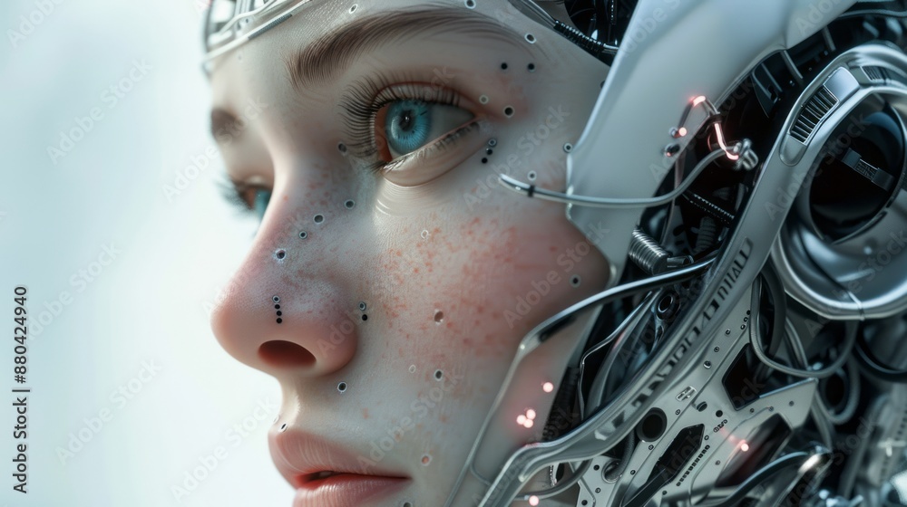 Futuristic business concept with artificial intelligence: humanoid head with digital brain, network connections, and data visualization in blue tones for innovation, technology, and corporate advancem Futuristic business concept with artificial intelligence: humanoid head with digital brain, network connections, and data visualization in blue tones for innovation, technology, and corporate advancem