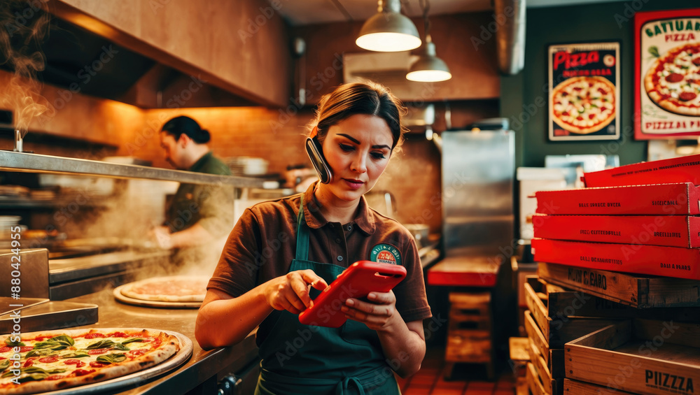 © Marino Bocelli - lively smiling pizza chef taking orders on the phone in the kitchen showing a freshly baked large pizza © Marino Bocelli - lively smiling pizza chef taking orders on the phone in the kitchen showing a freshly baked large pizza
