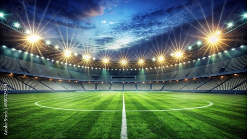 A blurred, empty soccer stadium with a spotlight shining on the lush green grass and freshly painted white lines.