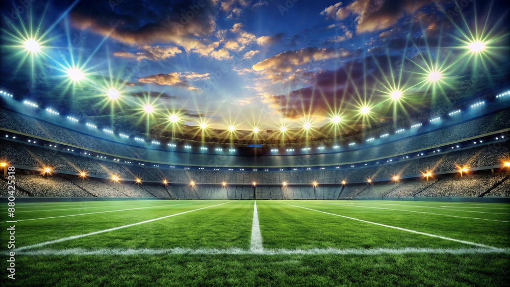 Empty football field in focus, blurred stadium lights, dramatic shadows, triumphant atmosphere, intense slow-motion capture, vivid green grass. Empty football field in focus, blurred stadium lights, dramatic shadows, triumphant atmosphere, intense slow-motion capture, vivid green grass.